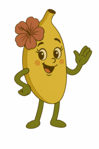 Alamea Apple Banana character smiling with apple and banana features in the garden