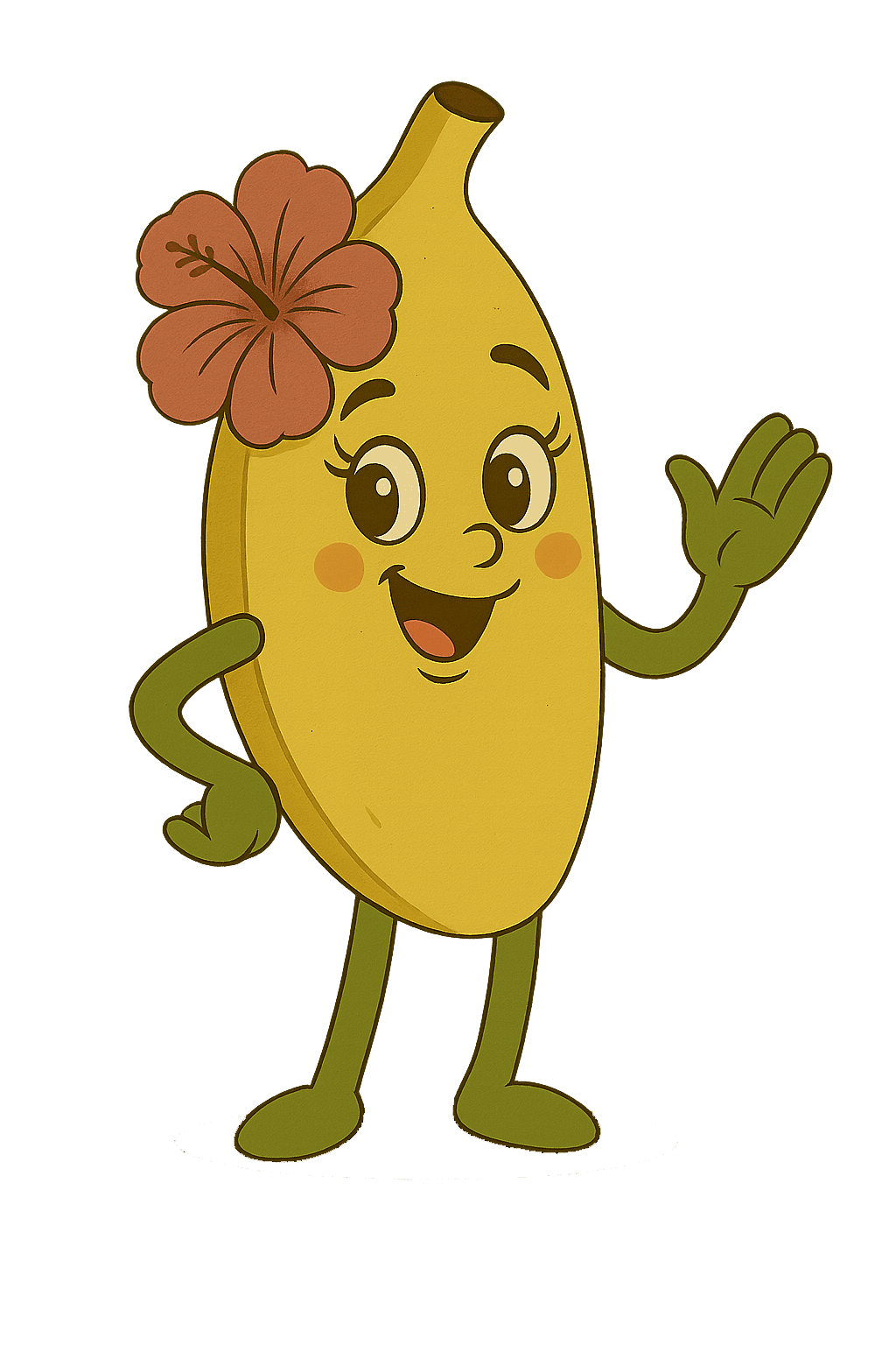 Alamea Apple Banana character smiling with apple and banana features in the garden