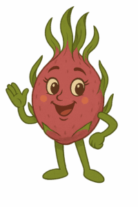 Alohi Dragonfruit character glowing with dragonfruit colors and playful energy