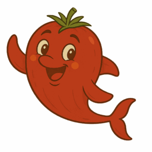Kai Tomato Dolphin character jumping through ocean waves with tomato-red coloring