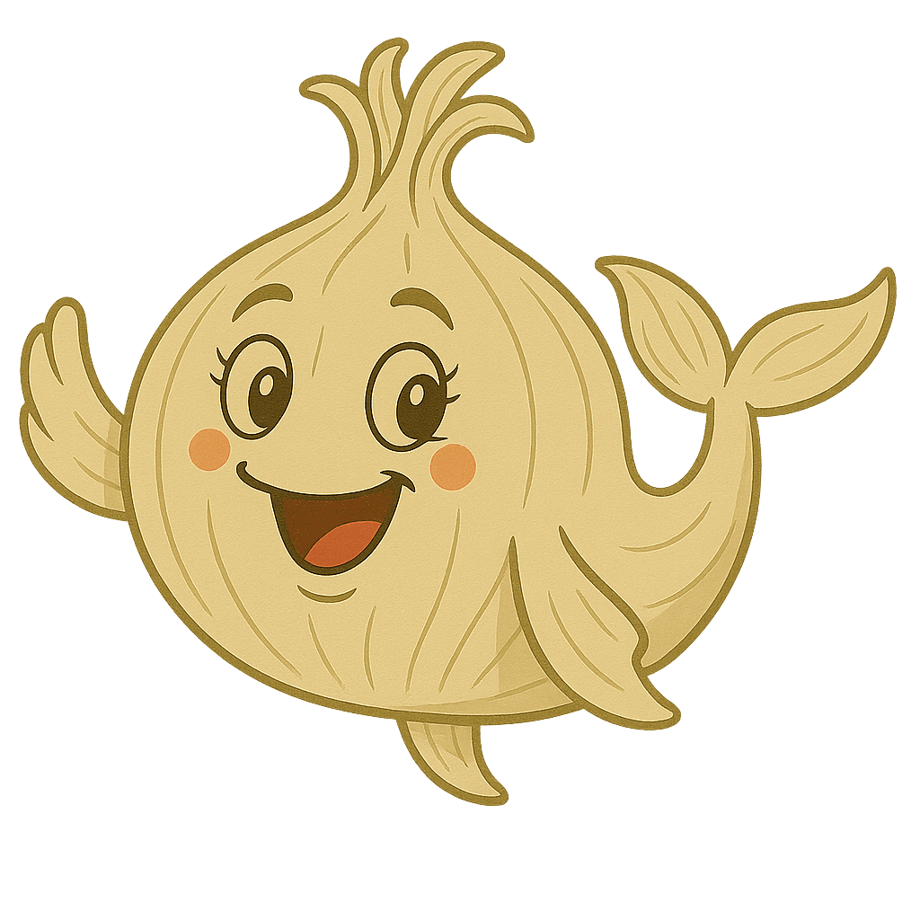 Kailani Sweet Onions Whale character floating gently with sweet onion patterns